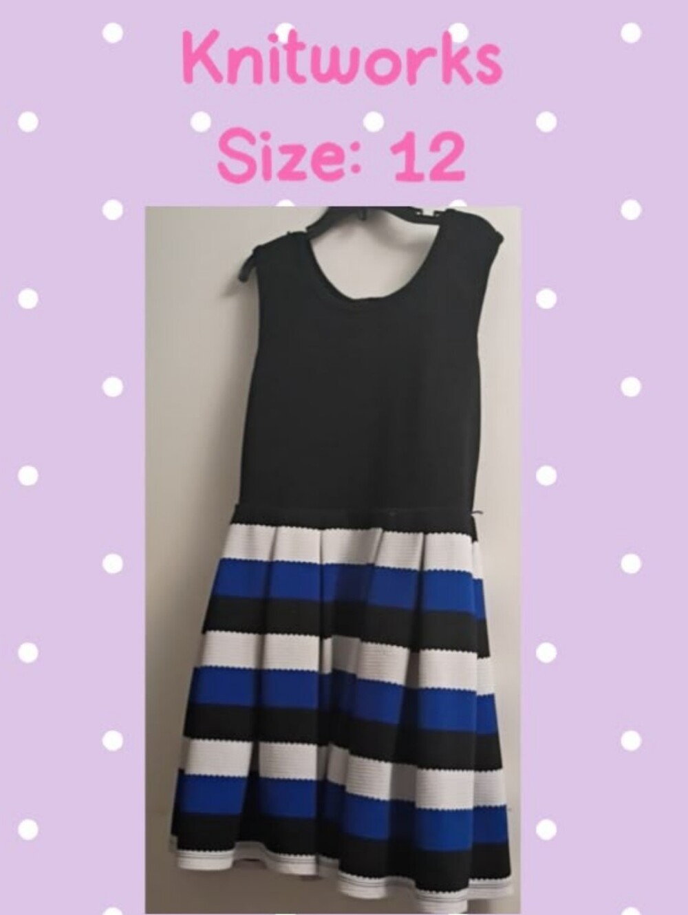 Knitworks Black Dress with Blue and White Striped Skirt